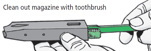 Clean out magazine with toothbrush